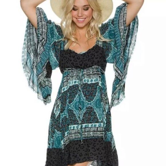 Free People Heart Of Gold Blue Grey Boho Tunic Dress - Picture 1 of 12